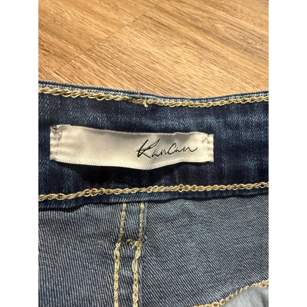 KanCan High Rise Distressed Denim Shorts Dark Wash Raw Fringe Hem Size 5 26 - Picture 3 of 5